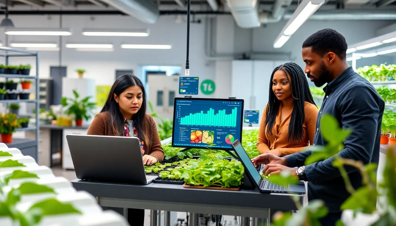diverse team collaborating on food tech innovations in a modern lab.