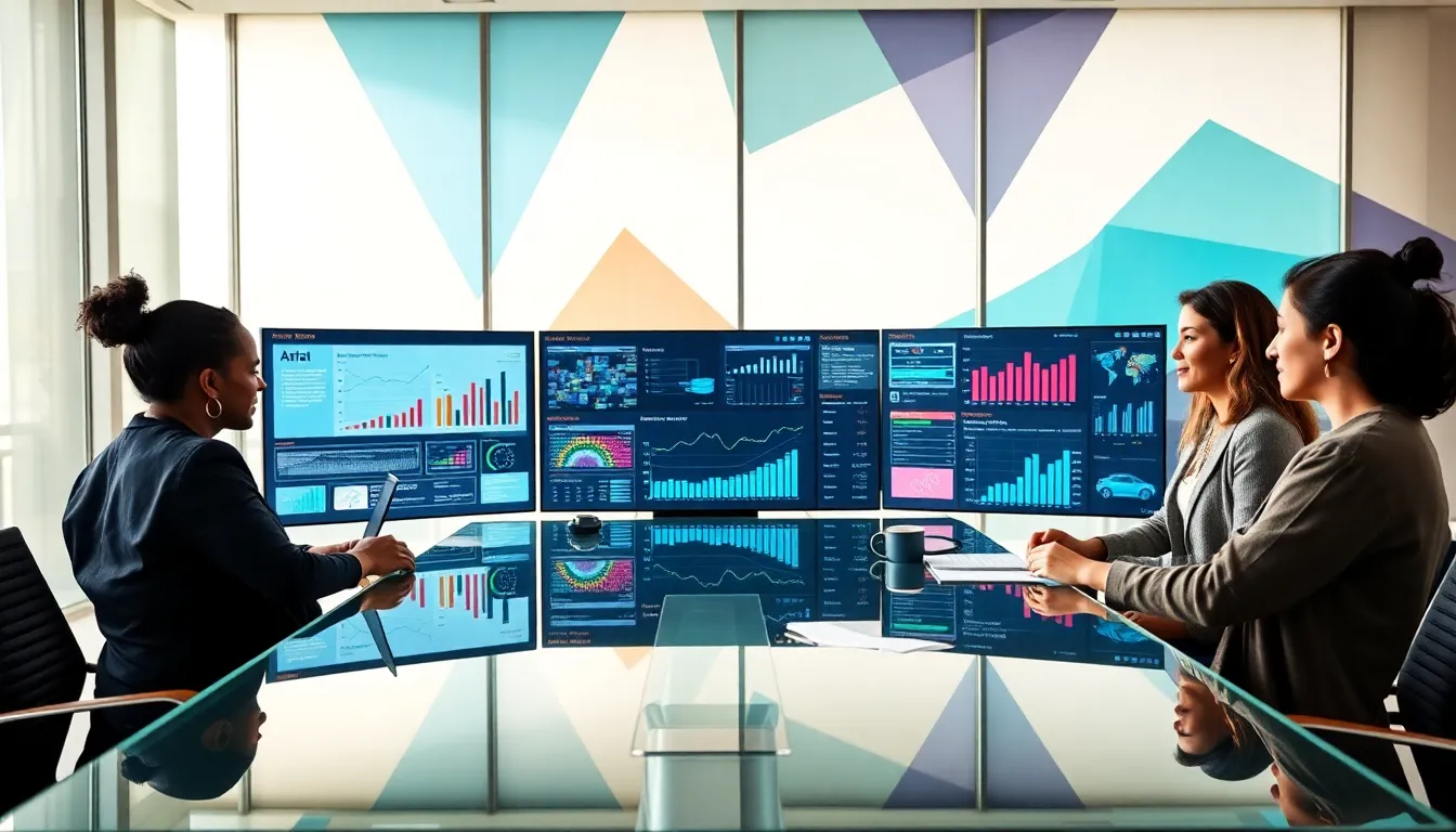 diverse team collaborating in a modern office on data and technology.