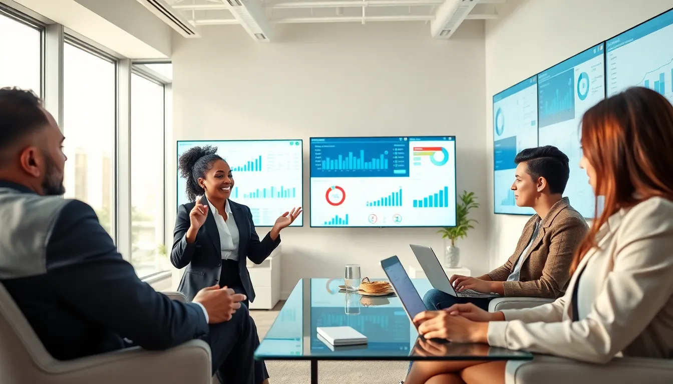 professionals collaborating on business intelligence in a modern office.